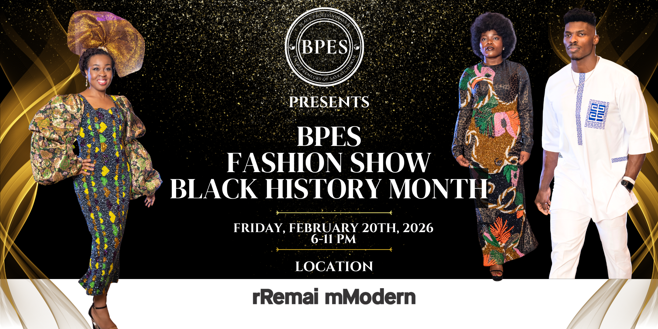 BPES Fashion Show poster with three models in African-inspired outfits for Black History Month, Feb 20, 2026.
