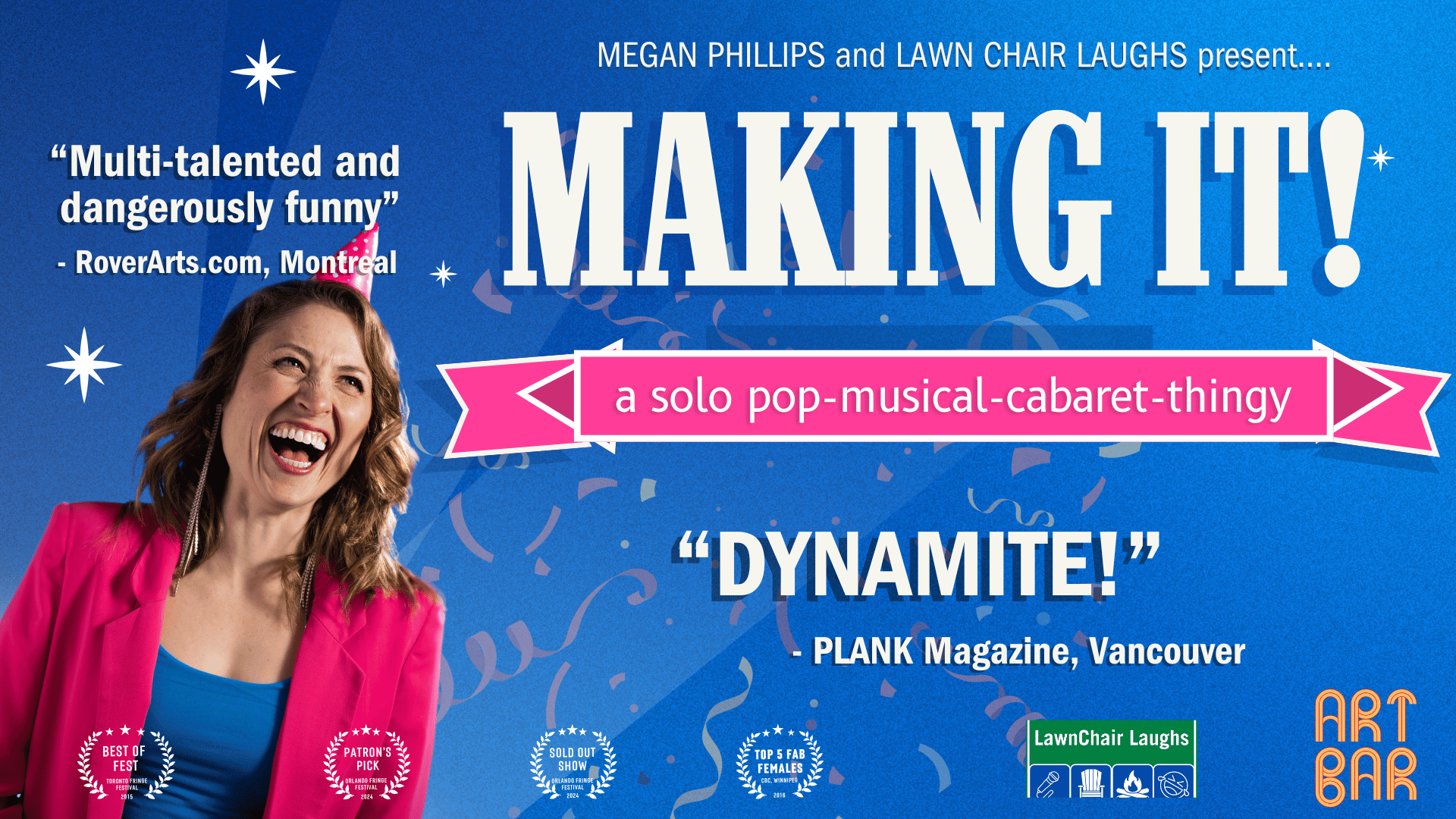 Poster with photo of writer/performer Megan Phillips, laurels that she has won, and title of show.