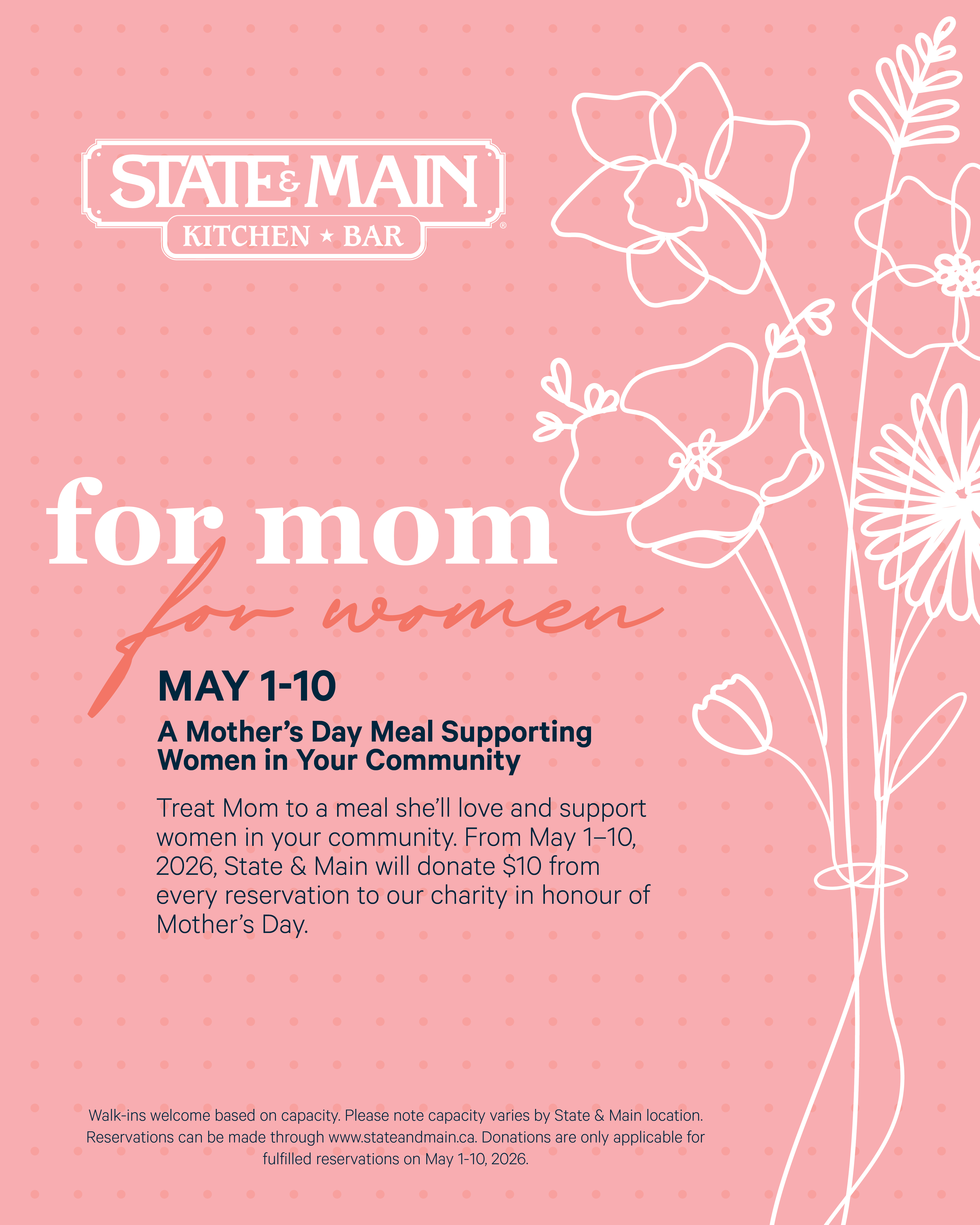 State & Main Kitchen & Bar Mother’s Day promotion graphic with pink floral design, reading “For Mom, For Women,” May 1–10. Text highlights that $10 from every reservation will be donated to a charity supporting women in the community.