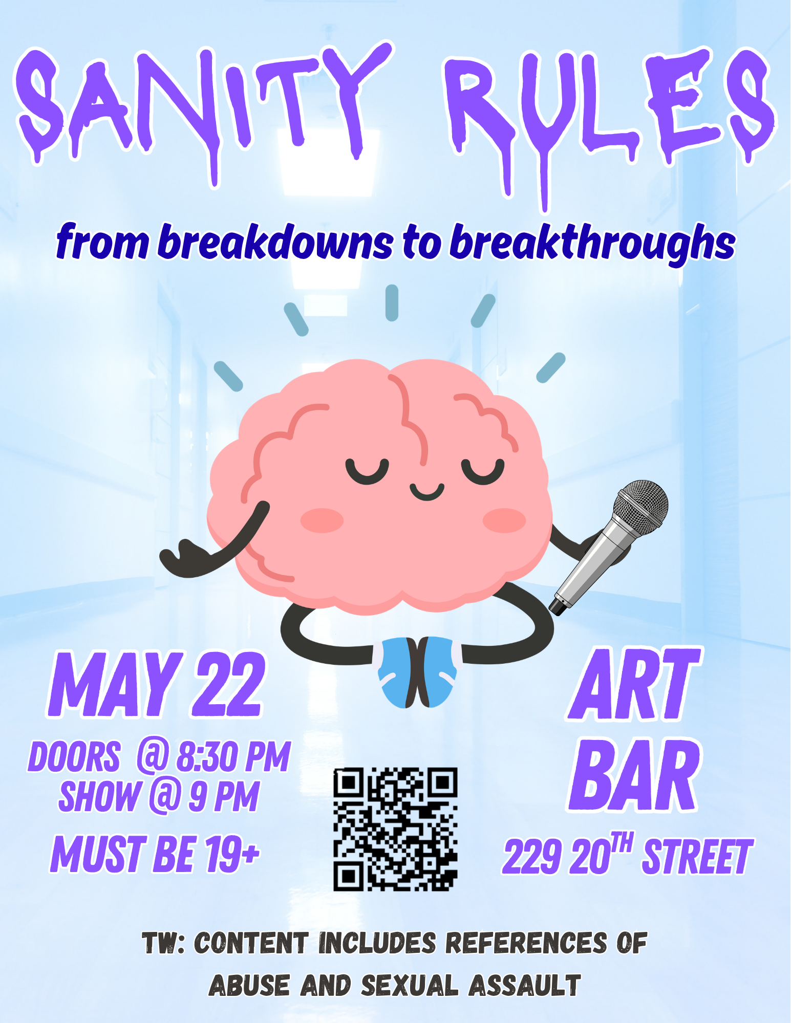 Poster of a smiling and jumping cartoon brain and information on show.