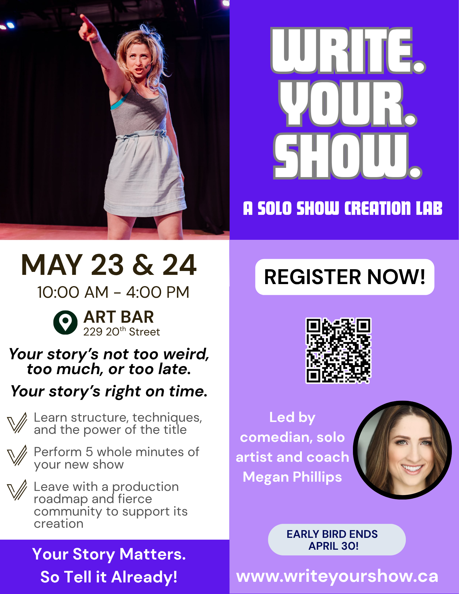 Poster with registration information and short blurb and photo of instructor Megan Phillips