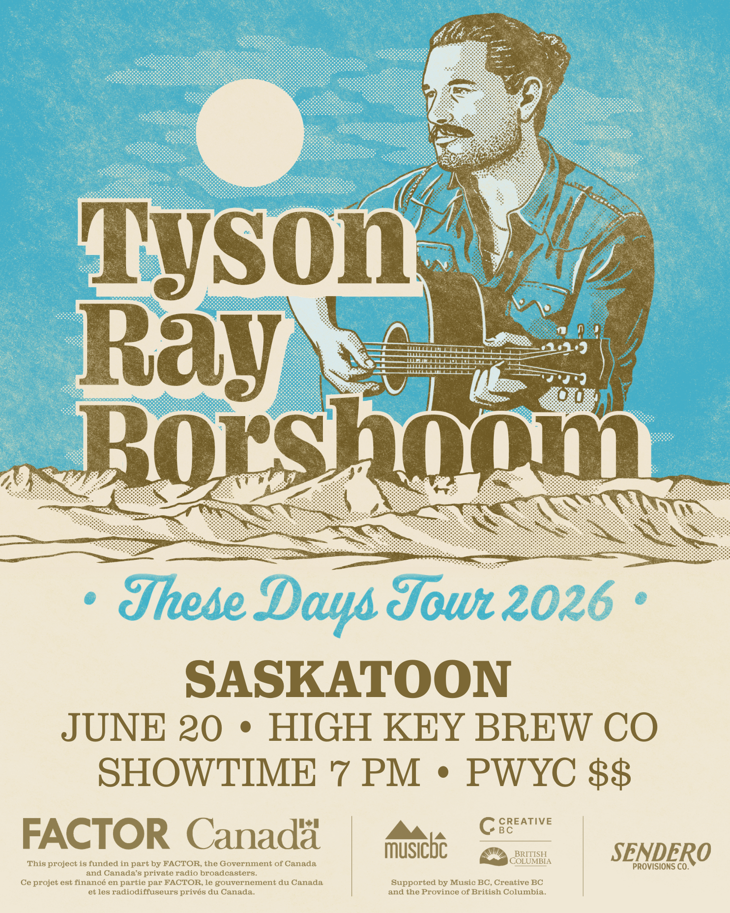 Country folk picture, mountain in background, details of show, factor and music bc supported tour