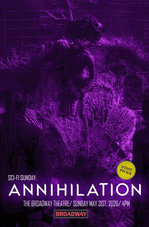 Image is purple and black, showing the top half of a skeleton growing out of a werid looking plant. 