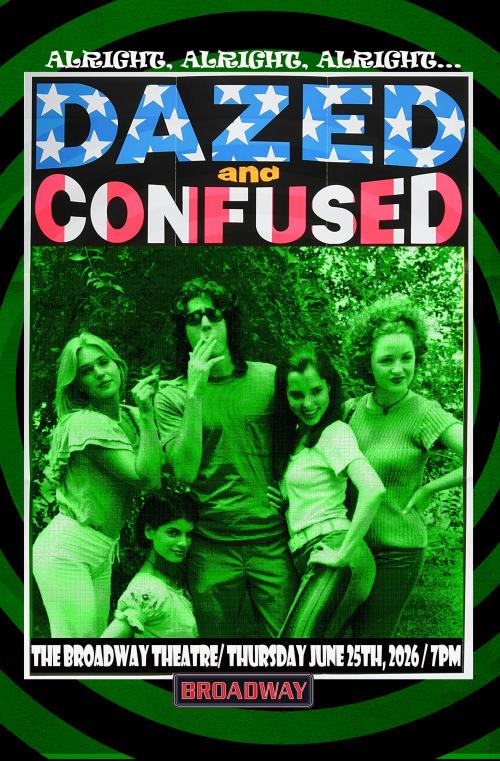 Image of some of the actors in Dazed and Confused, with one guy smoking and wearing sunglasses while theres 4 girls huddled around him, posing for a picture.