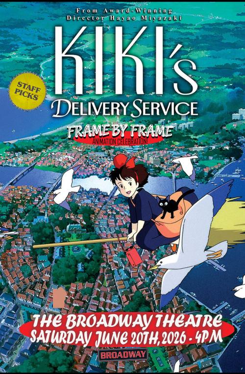Animated still from the movie Kiki's Delivery Service, with Kiki flying in the sky on a broom stick and seagulls besides her. 