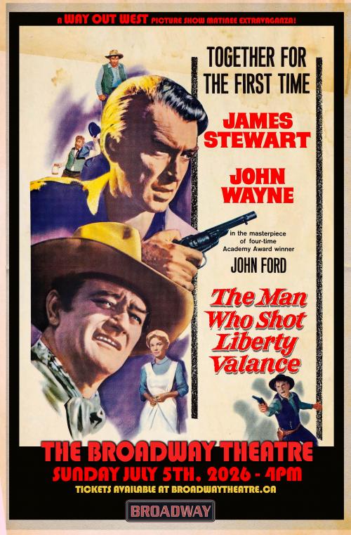 Painted poster of the movie with John Wayne and James Stewart looking intensley in cowboy gear and one of them holding a gun.