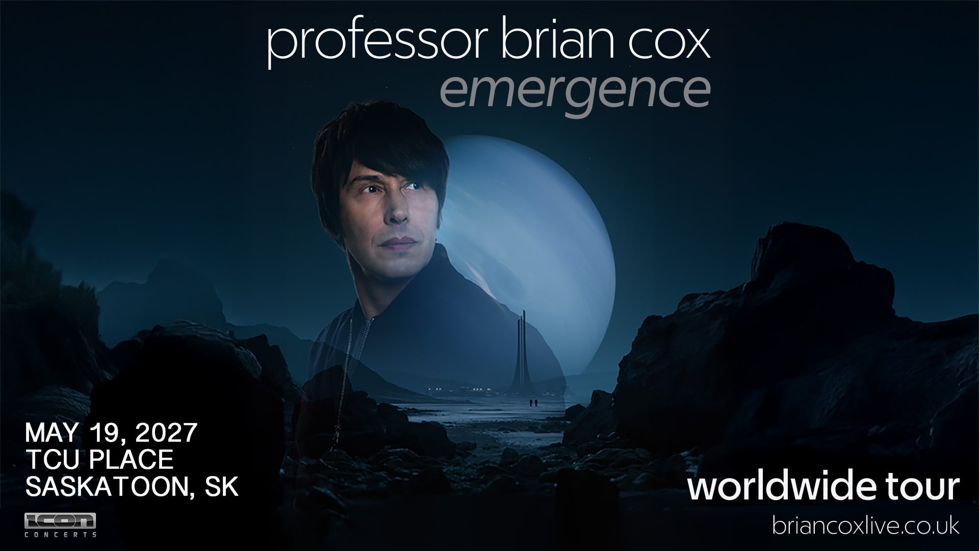 An image of professor Brian Cox on a black background with a blue planet.