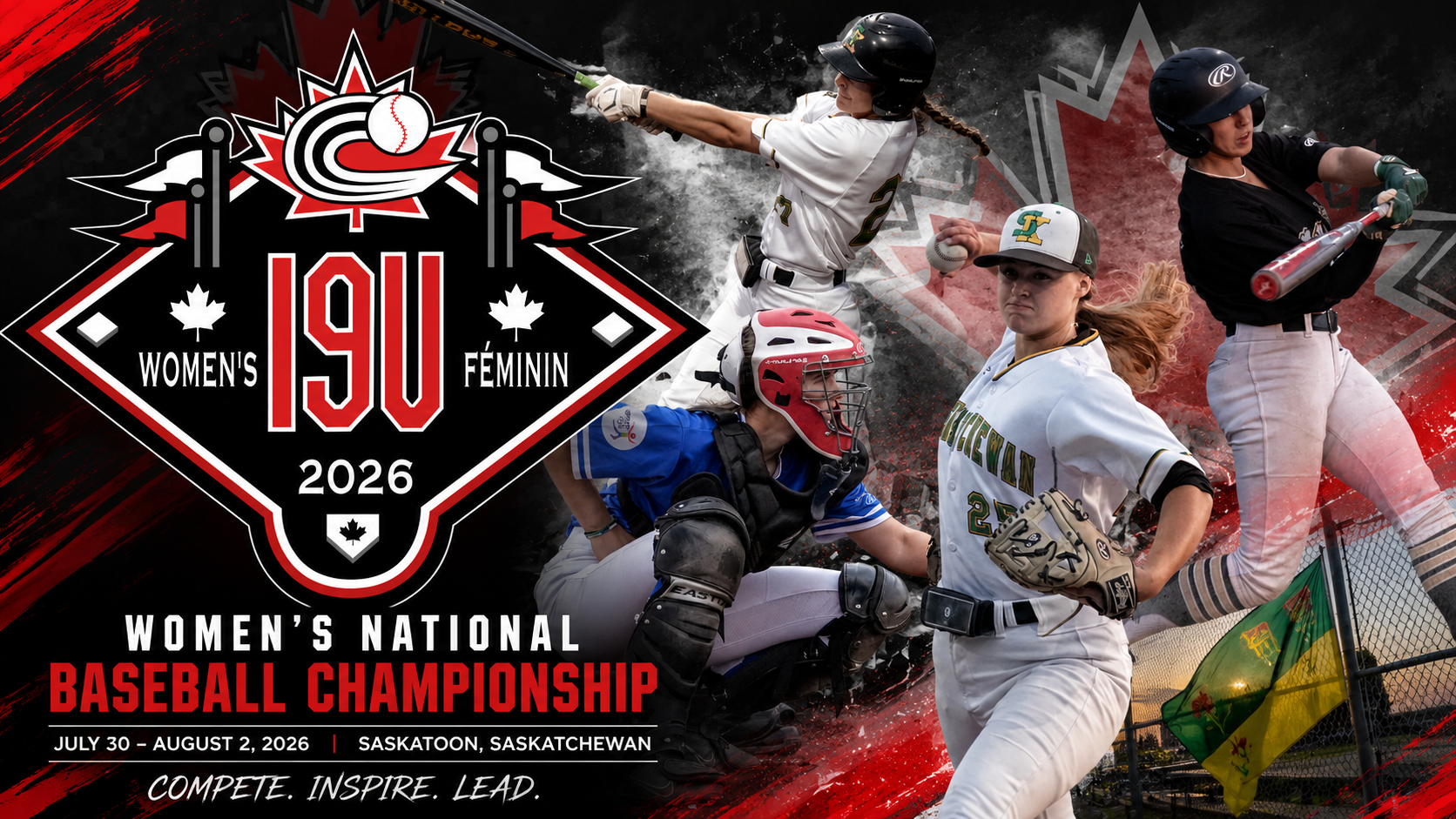 A promotional graphic for the 2026 Women’s 19U National Baseball Championship featuring the official logo, four female baseball players in action, and a Saskatchewan-themed background with the event dates and location: July 30–August 2, 2026, in Saskatoon at Cairns Field