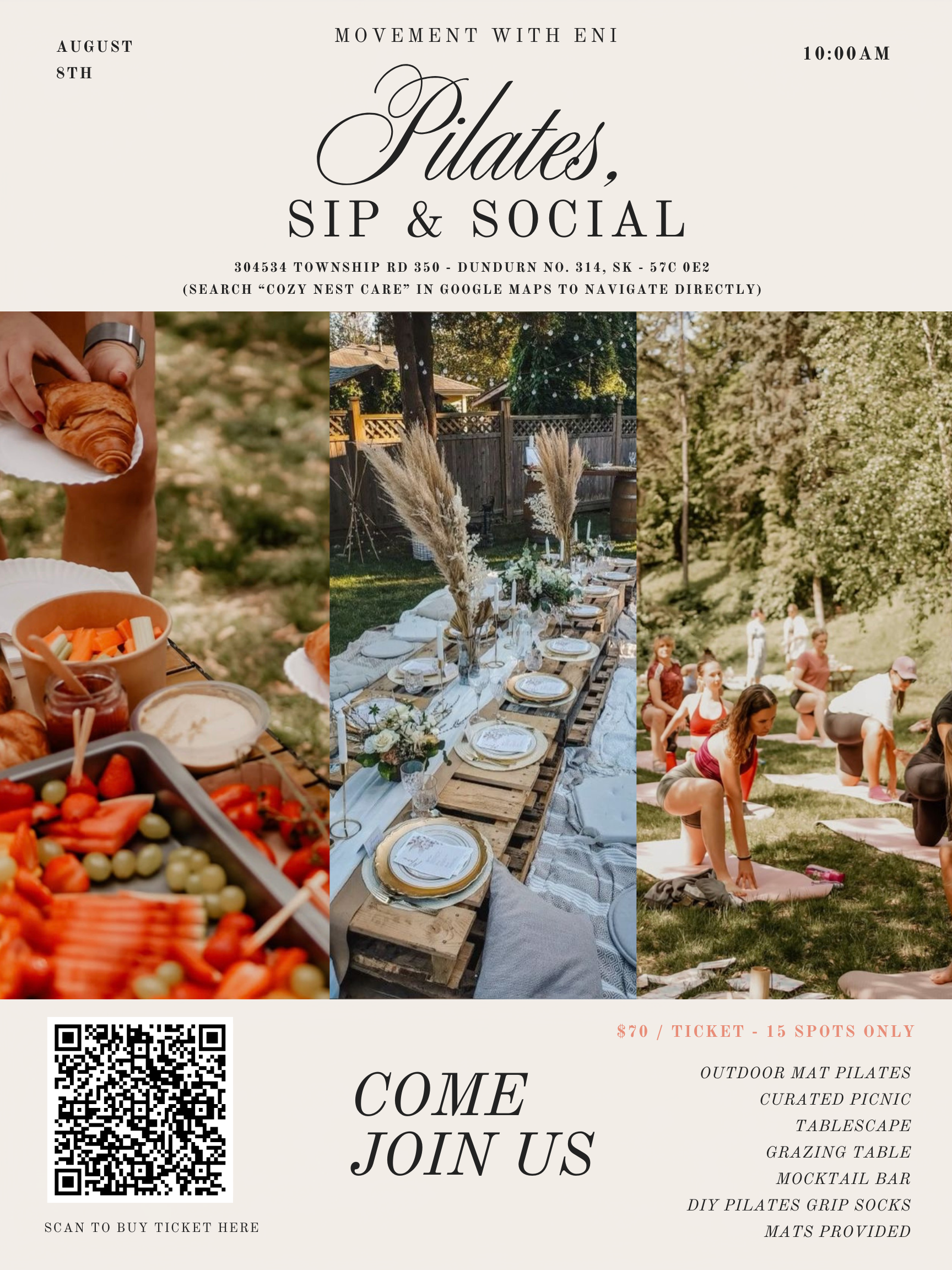Beautiful table scape, individuals moving in the park , doing pilates and a grazing table. 