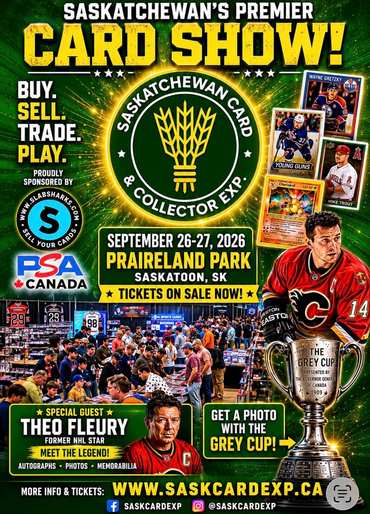Event poster describing Theo fleury signing, grey cup appearance, pokemon tournament 