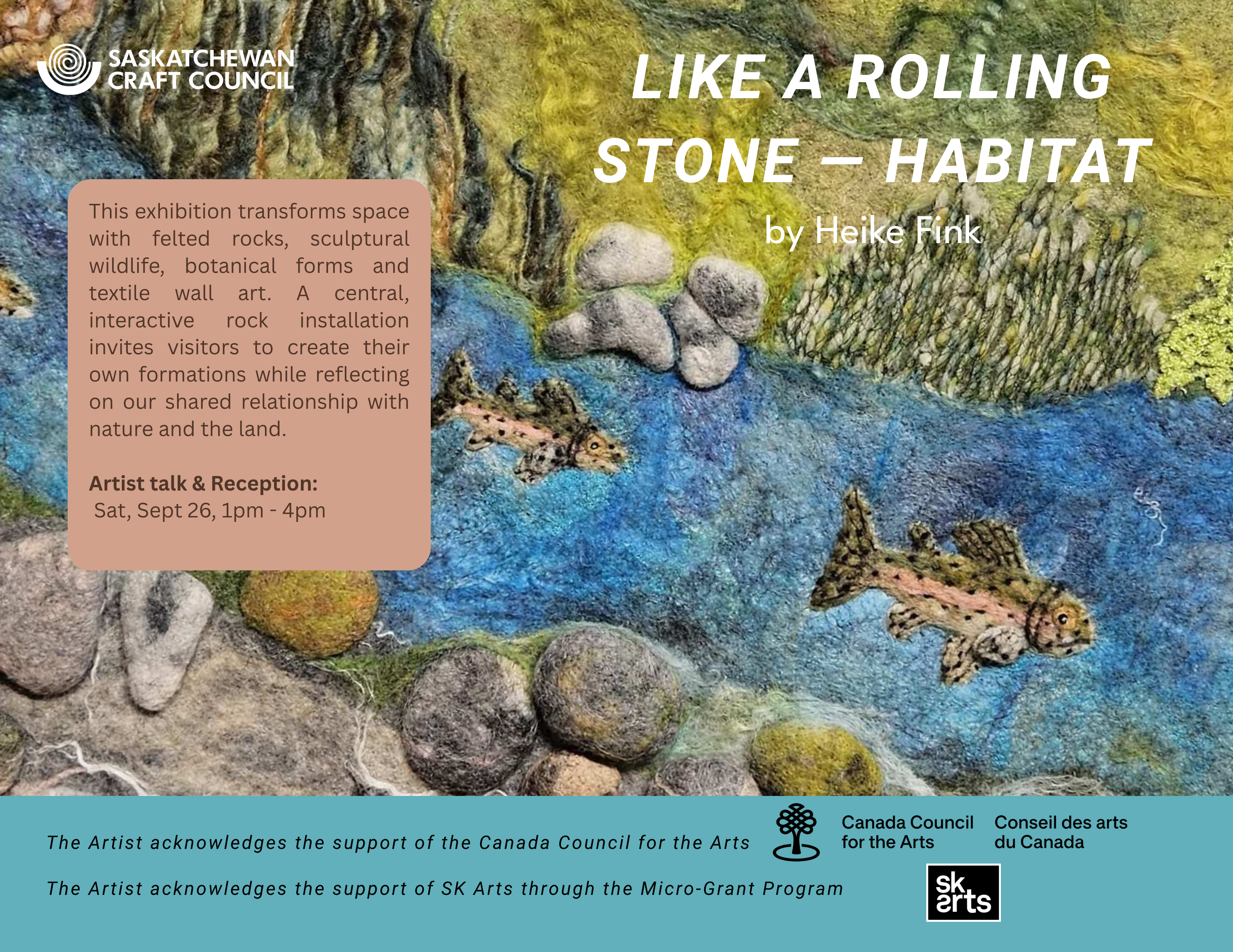 A horizontal card describing the exhibition. The background image is a felted artwork by artist Heike Fink, of salmon swimming in a river.