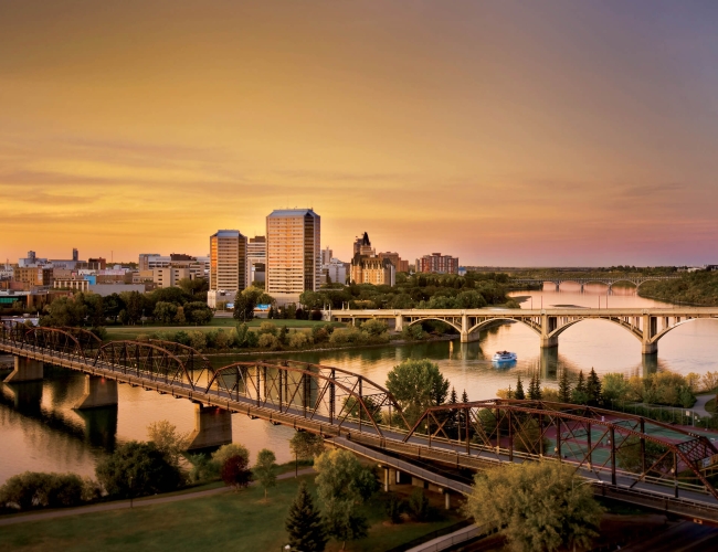 Saskatoon city skyline at dusk with a beautiful sunset