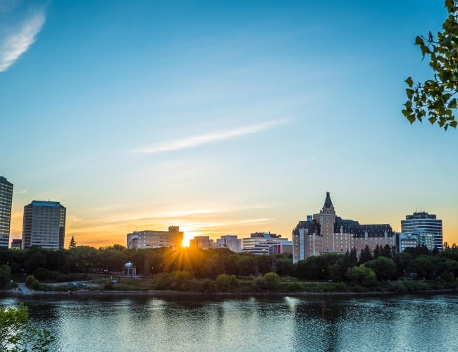 The skyline of Saskatoon at dawn