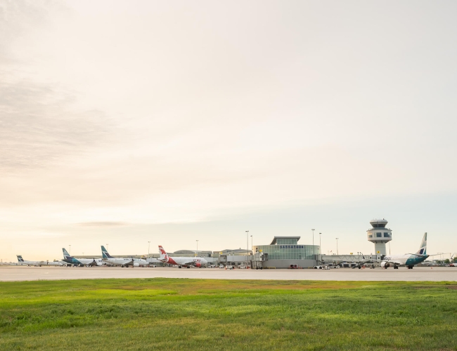 External of the Saskatoon airport as seen from a field