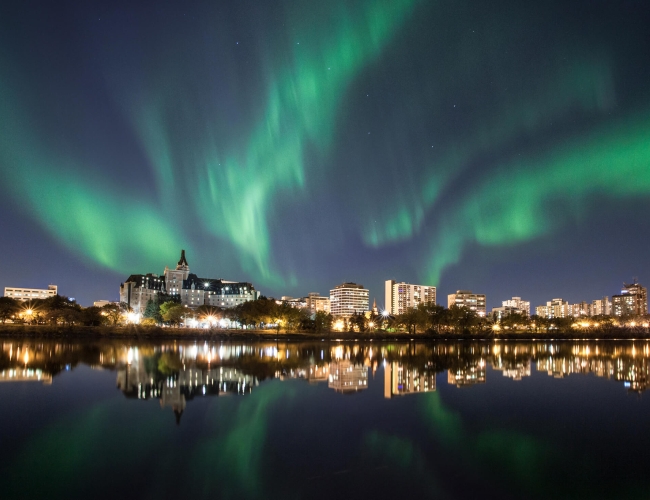 The northern lights over the city of Saskatoon at night