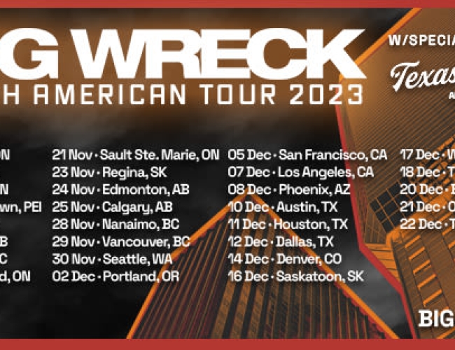 Poster for the event featuring the Big Wreck logo and a list of all cities that the band is visiting