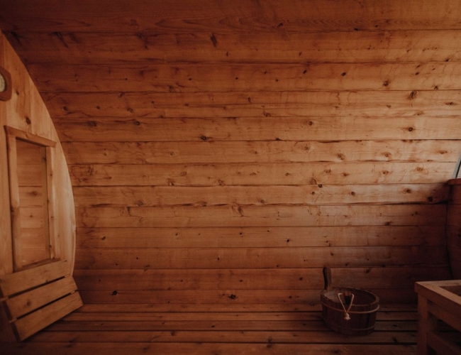 Inside of a wooden wet sauna