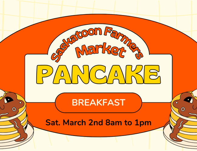 2 sets of piles of pancakes on plates with comical eyes.  sign saying pancake breakfast and date, March 2nd