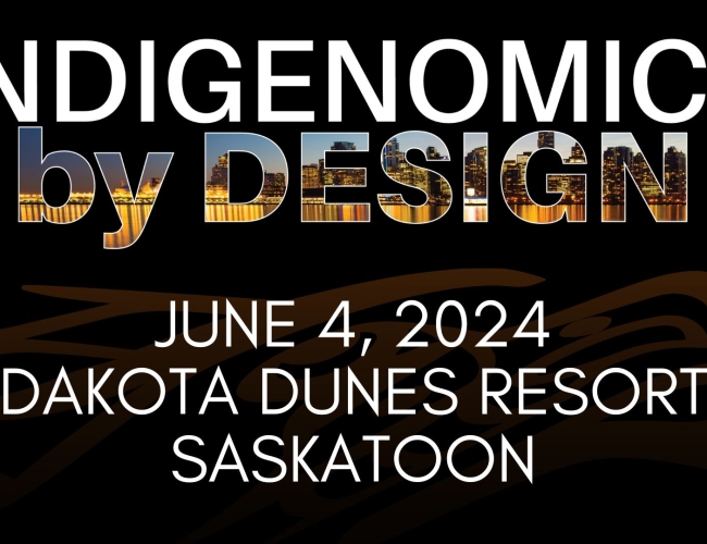 Black square with burnt orange thunderbird graphic behind white copy that reads Indigenomics by DESIGN June 4, 2024 Dakota Dunes Resort Saskatoon