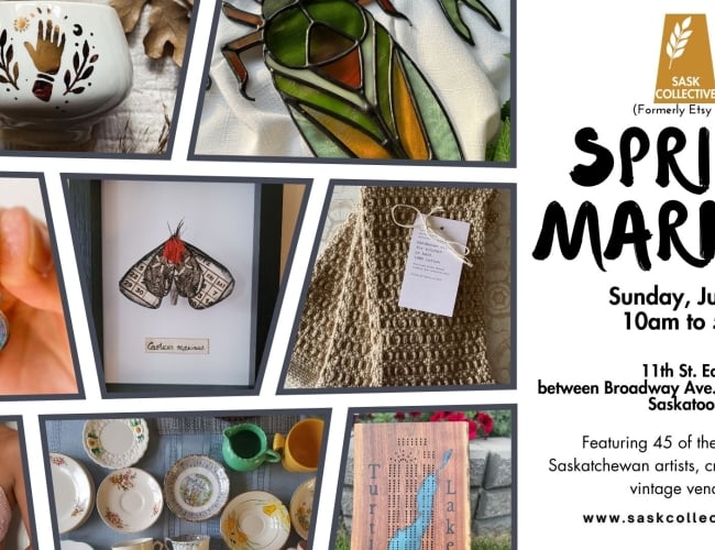 pictures of various crafts including pottery, weaving, jewelry, crocheted top, glass, and woodworking on one side and the market info in script.