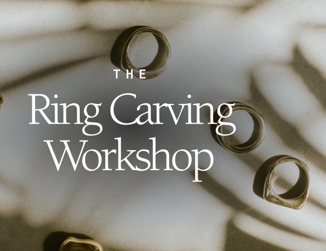 Image: The Ring Carving Workshop and behind the white text is an image of hand-carved rings made in the Canadian Prairies