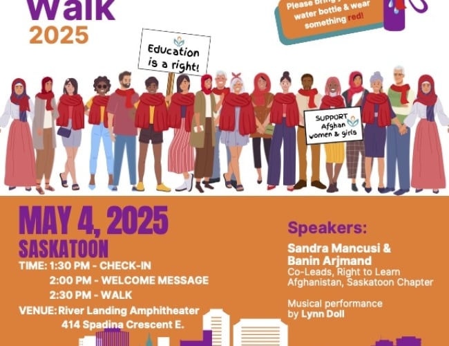 A poster for the National Red Pashmina Walk in Saskatoon on Sunday May 4th. Check in begins at 1:30 with the program and walk to follow at 2:00. 