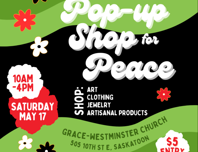 Pop-up Shop for Peace. Shop art, clothing, jewelry, artisanal products. Grace-Westminster Church. Fundraiser for Gaza in support of Oxfam & Doctors Without Borders.