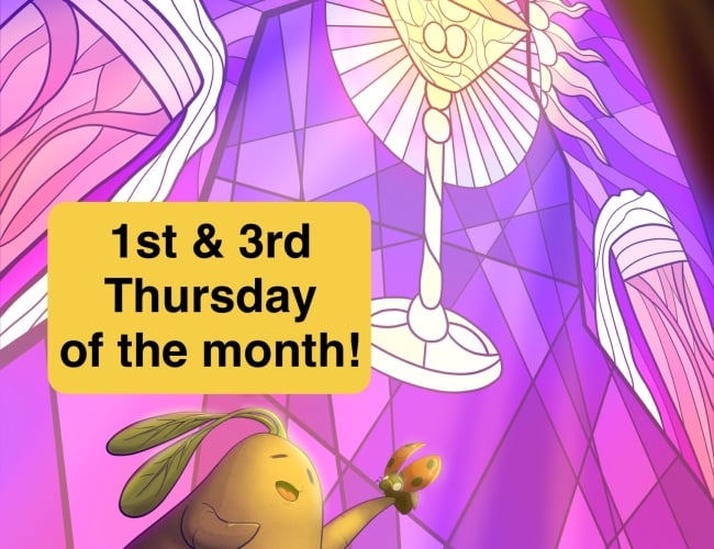 A colorful poster for "Story Jam" presented by Spud Publishing. The background features a vibrant stained glass window with a radiant sunburst design. In the foreground, a cute potato character with leafy hair holds a butterfly and smiles joyfully. Bold yellow text reads, "1st & 3rd Thursday of the month!" Event details at the bottom list the location as Art Bar, Saskatoon, with contact and website information.