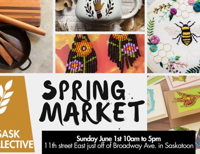 pictures of various crafts including pottery, embroidery, beading, painting, and woodworking on one side and the market info in script at bottom..