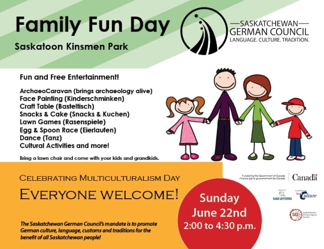 Family Fun Day on June 22nd from 2 pm to 4.30 pm in Saskatoon at Kinsmen Park.
