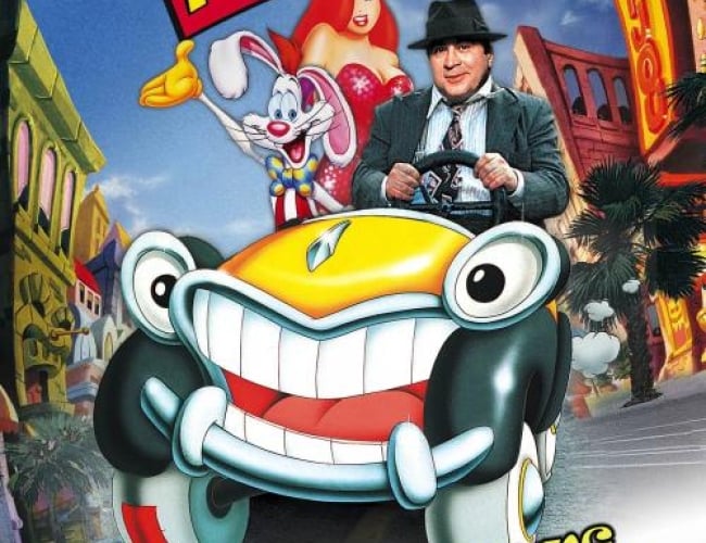 Image of the movie poster: who framed roger rabbit. Shows Bob Hoskins and an animated white rabbit and woman with red hair and red sparkly dress in an animated car with teeth and eyes instead of a car grill and car lights.