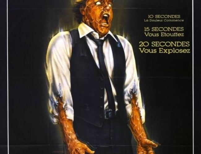 Image of the movie poster Scanners. It shows a man wearing a white button up with a black vest and black tie with veins clearly shown. 