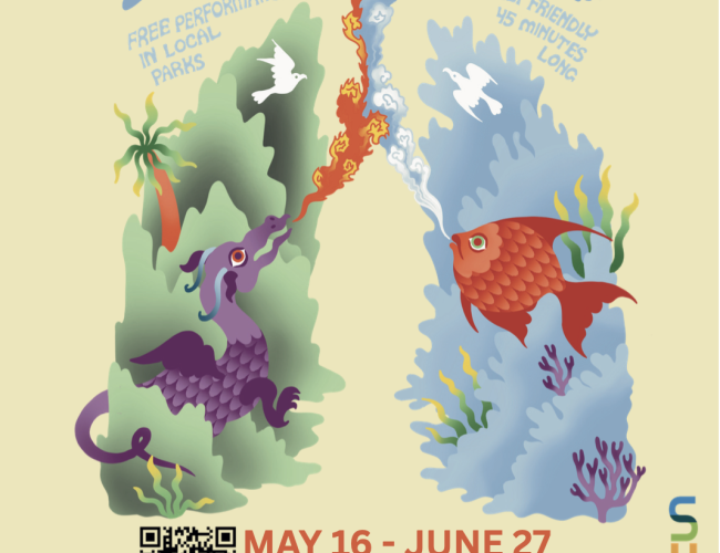 Image contains a poster for Theatre in the Park. Text reads: TD Ready Commitment Presents Theatre in the Park 2025: BREATHE. May 16-June 27. Free performances in local parks; family friendly, 45 minutes long. The picture on the poster shows a dragon breathing fire and a fish breathing air.