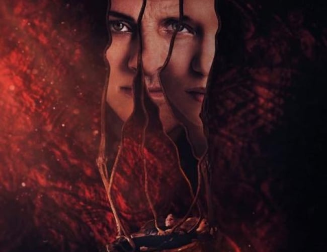 Image of the movie; Crimes of the future from 2022. Picture is a mess of three of the main actors faces. 
