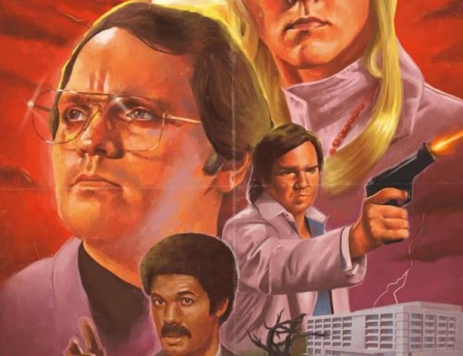 Image from the movie Garth Marenghi's darkplace. Shows 4 of the characters looking out into the distance in different directions in an old 80s style painting poster.