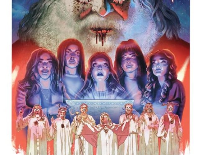 Image from the movie Pater Noster. Shows people in religious garb and red and blue light.