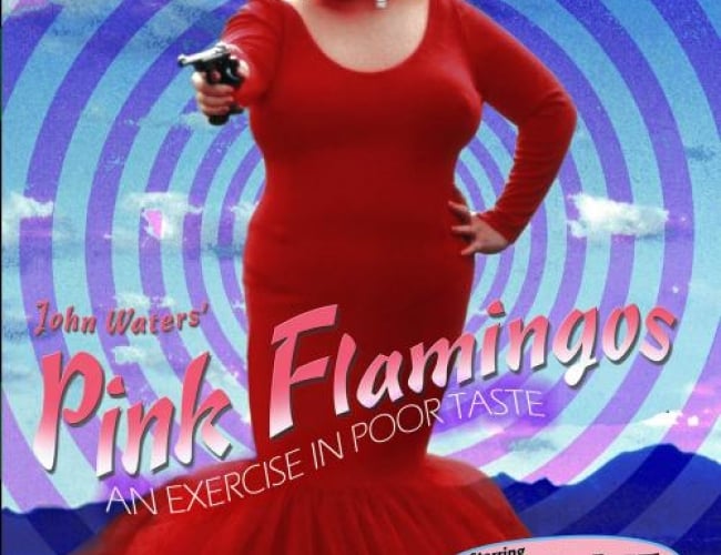 Image from the movie Pink Flamingos. Shows the drag queen Divine in a red dress pointing a gun at someone and other hand on hip standing in the dessert.