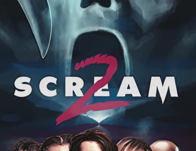 Image from the movie; Scream 2. Shows a masked person with a knife on top of the 5 main actors in the movie.