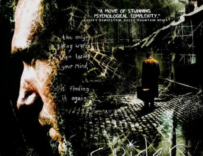 Image of the movie poster: the fly. Shows half of Ralph Fiennes (the actor) faces and then a spider web with a man standing on a cobbled street with a suitcase.