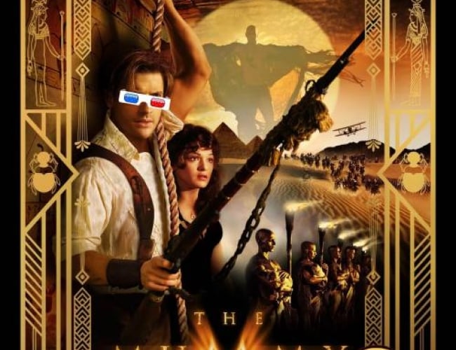 Image from the movie; The Mummy. Shows the main actors with a gun and sand dunes, with a row of men holding torches and then a man standing in front of the sun.