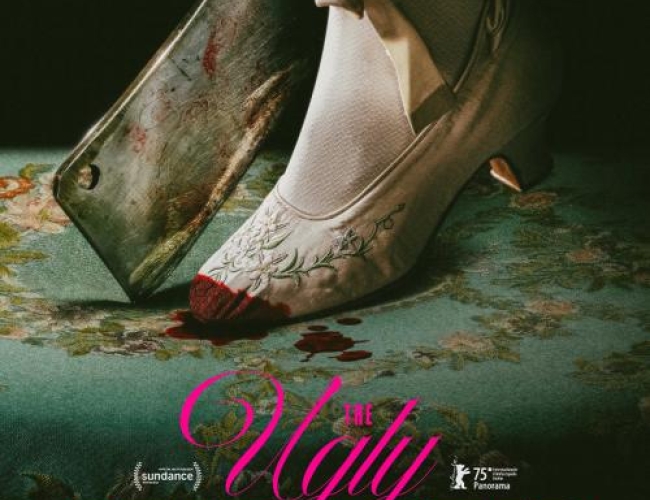 Image from the movie; the ugly sister. Shows a woman wearing shows with a ribbon tie and blood at the toes standing on a carpet/ A cleaver knife is on the ground beside the foot.