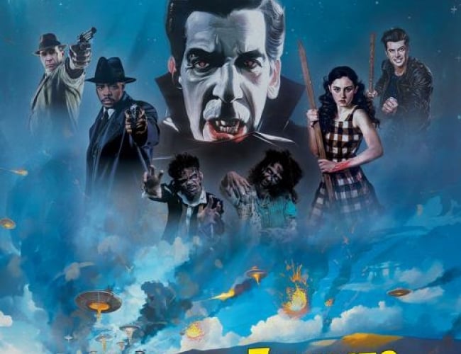 Image from the movie Vampire zombies..from space! Shows an image of a battle field with fires everywhere and UFOs in the sky, and a ufo with bat wings.