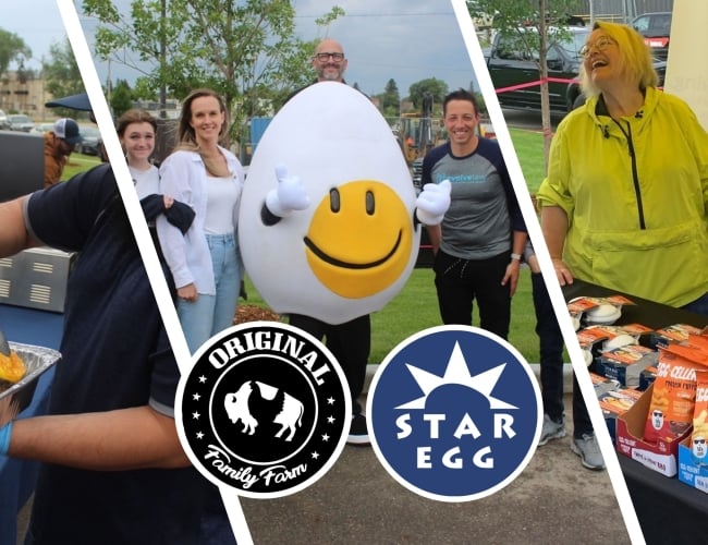 This banner shows scenes from a community breakfast event. On the left, volunteers grill breakfast sandwiches. In the center, people pose with egg mascot Yolkie, alongside the logos for Original Family Farm and Star Egg. On the right, snacks are handed out at a table, creating a cheerful, welcoming vibe.