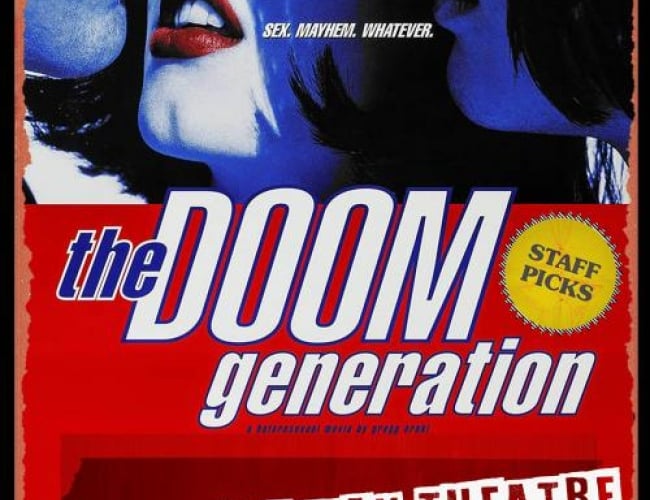 Image from the movie the Doom Generation. Shows the mouths of three people, all very close. One is presumably a woman with red lipstick and a bob haircut. Text says: "STAFF PICKS; The Doom Generation. sex, mayhem, whatever. The broadway theatre on friday july 18, 2025 at 9:30pm."