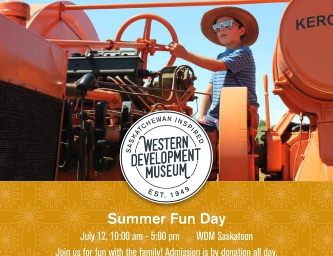 A child on old farming equipment along with the details of the event