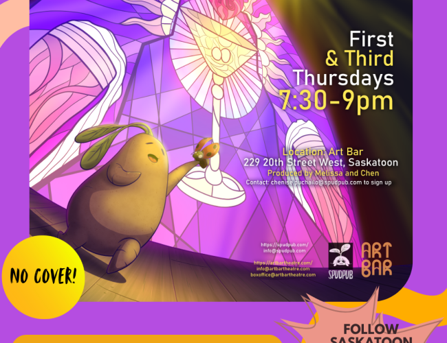 Poster for “Story Jam,” a free live storytelling event at the Art Bar in Saskatoon. Held on the first and third Thursdays of each month from 7:30 to 9:00 p.m. The central illustration shows a person on stage with a glowing microphone and vibrant abstract wings behind them. Bold text highlights: “No cover!” and “Why storytelling? When we hear each other’s stories, the community feels more connected.” Event is presented by Spud Publishing and Art Bar.