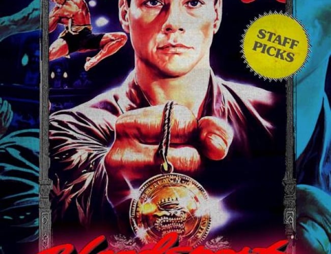 Image of Jean Claude Van Damme from the movie Bloodsport. Shows a painted image of him holding a medallion, with a picture of him fighting in the background.