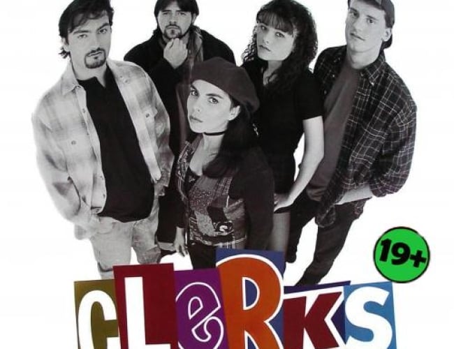 Image of the cast from Clerks, all dressed in 90s attire and looking at you through a fisheyes pov. Image is in black and white and clerks is spelt using a magazine cutout of letters.