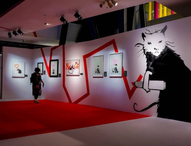 dimly lit art gallery