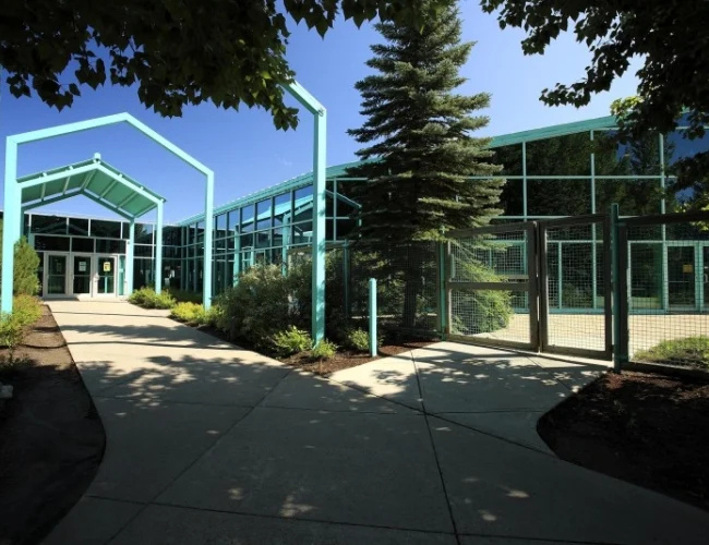 entrance to a blue building